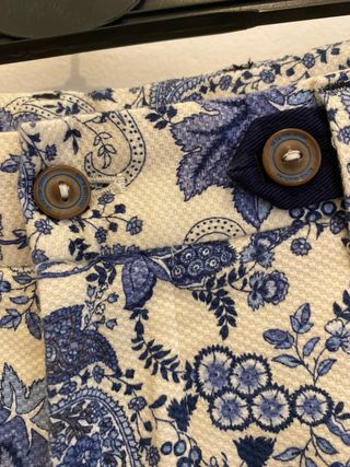 Pantaloni fantasia paisley blu e beige