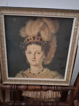 Cuadro antiguo mujer con corona y plumas