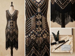 Vestido Gatsby Años 20 Negro Dorado