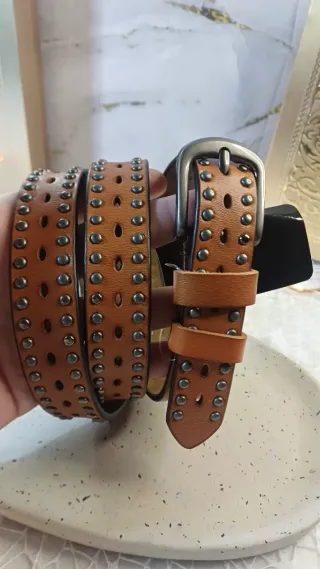 Cinturón Mujer Piel Auténtica Marrón Tachuelas