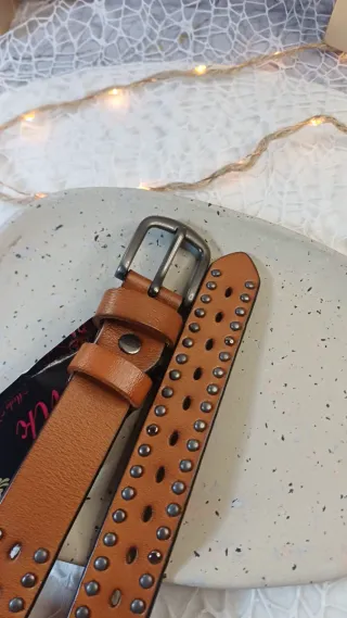 Cinturón Mujer Piel Auténtica Marrón Tachuelas