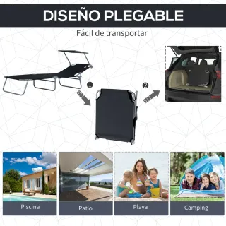Tumbona plegable con toldo y respaldo
