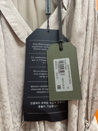 Vestido cóctel AllSaints beige estampado