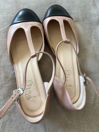 Merceditas Piel Tira Tobillo Tacón Beige/Azul mari