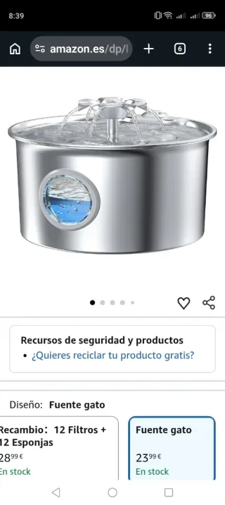 Fuente de agua para gatos de acero inoxidable