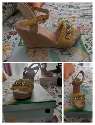 Sandalias cuña amarillas con pedrería