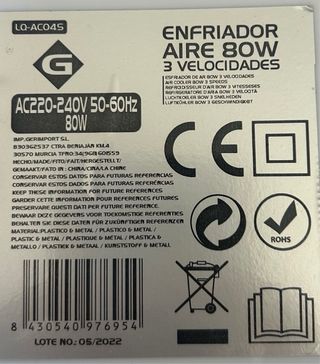 Climatizador/evaporativo enfriador de aire 80w