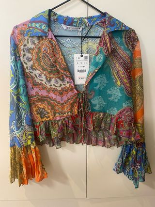 Blusa Zara gasa estampada volantes talla L