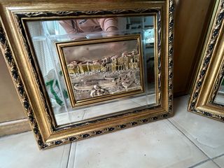 Cuadro espejo relieve antiguo de caballos y puerto