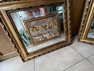 Cuadro espejo relieve antiguo de caballos y puerto