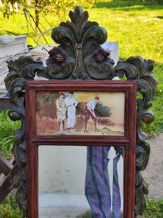 Espejo vintage * Madera tallada con escena de golf