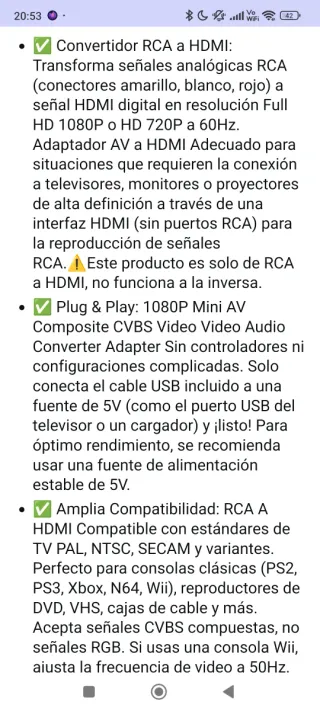 Adaptador RCA a HDMI 1080P MINI