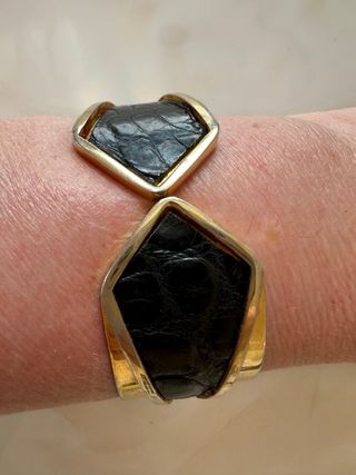 Bracciale vintage anni 80 pelle nera oro