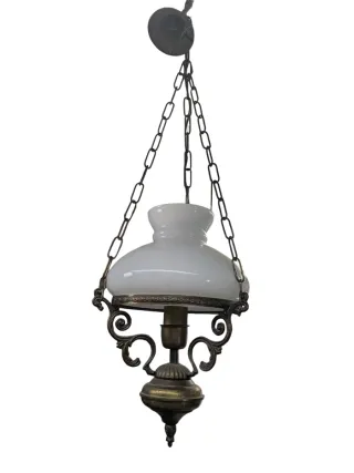 Lampadario lanterna ottone e campana vetro opaline