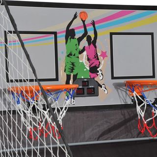 Canestro basket con tabellone LED, pompa, 2 canestri, 4 palloni e 8 modalità di gioco, macchina da basket elettronica in acciaio, tessuto Oxford, MDF, 205x110x205 cm, bianco e nero