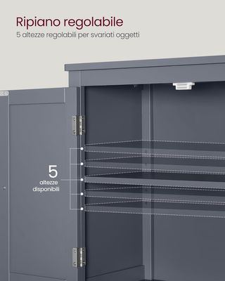 Mobile da Bagno, Mobiletto da Bagno, Credenza da Cucina, Armadio con 4 Ante, Ripiani Regolabili, 30 X 60 X 110 Cm, Grigio Ardesia BBC552G01