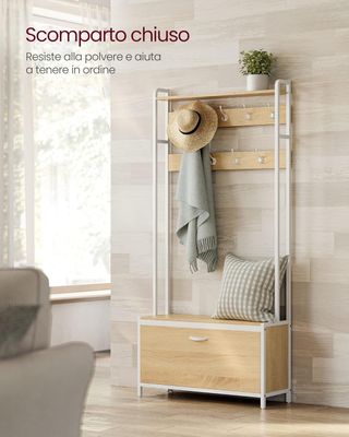 Porta scarpe con scarpiera pieghevole, mobile d'ingresso, con panca, 9 ganci e ripiano superiore, per corridoio camera da letto, stile moderno, rovere e bianco HSR405W09