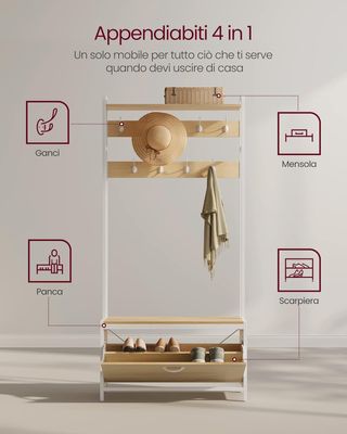 Porta scarpe con scarpiera pieghevole, mobile d'ingresso, con panca, 9 ganci e ripiano superiore, per corridoio camera da letto, stile moderno, rovere e bianco HSR405W09