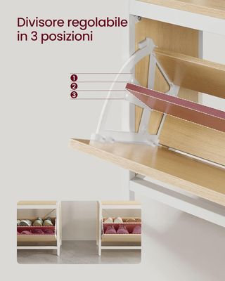 Porta scarpe con scarpiera pieghevole, mobile d'ingresso, con panca, 9 ganci e ripiano superiore, per corridoio camera da letto, stile moderno, rovere e bianco HSR405W09