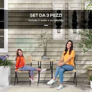 Set De Jardín 3 Piezas En Ratán Y Acero, 2 Sillas Plegables 46X58X84 Cm Y Mesa De Café Ø60X70 Cm, Amarillo Y Negro