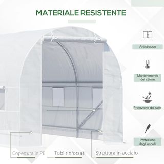 Serra per Orto con 6 Finestre e Porta Avvolgibile, Serra da Giardino a Forma di Tunnel, Serra per Piante con Struttura in Metallo e Telo in Polietilene, 4.5X2X2M, Bianco