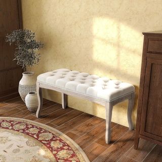 Banco de Dormitorio Vintage con Botones, Banco Tapizado con Patas de Madera para Entrada, Pasillo y Sala de Estar, 110X40X48Cm, Beige