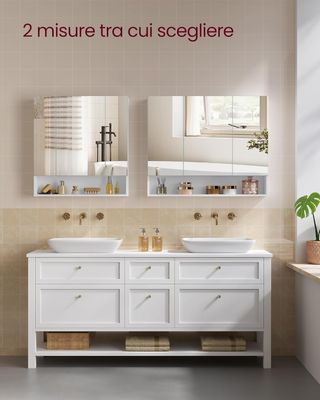 Colección KAILYN - Armario de Baño de Pared con Puertas Espejo, Mueble Colgante de Baño, Espejo, Compartimento Abierto, Estantes Regulables, 16,5 X 90 X 75 Cm, Blanco Nube BBK130W01