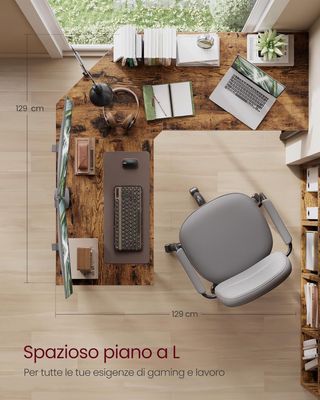 Escritorio Esquinero, Escritorio para Computadora en Forma de L, 129 X 129 X 76 Cm, para Oficina Estudio Gaming, Marrón Vintage y Negro Tinta LWD124K01