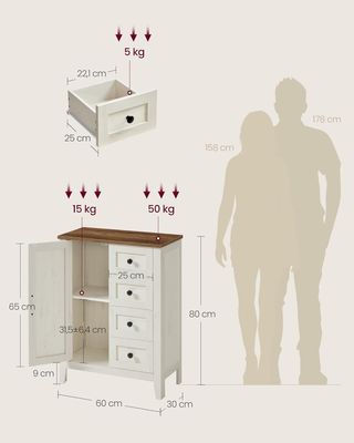 Collezione LIRY - Mobile da Bagno Stile Farmhouse, Mobile con 4 Cassetti, Ante Stile Granaio, Mensola Regolabile, Bianco Vintage BBK753W01