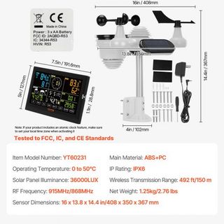 Stazione meteorologica wireless 7 in 1, grande schermo a colori da 19 cm (7,5 pollici), stazione meteorologica digitale per interni ed esterni, per temperatura, umidità, velocità/dir...