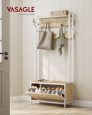 Porta scarpe con scarpiera pieghevole, mobile d'ingresso, con panca, 7 ganci e ripiano superiore, per corridoio camera da letto, stile industriale, marrone vintage e nero HSR425B01