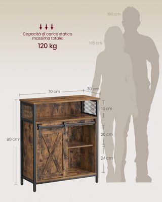 Credenza, Mueble de Cocina, Armario Organizador, Con Una Puerta Corredera, 30 X 70 X 80 Cm, Estantes Regulables, Estilo Country, para Sala de Estar, Marrón Vintage y Negro Tinta
