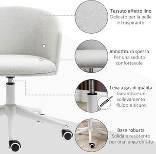 Sedia da ufficio con altezza regolabile, ruote e sedile girevole a 360° in tessuto, 56X56X72-82Cm, Grigio Chiaro