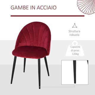 Set di 2 sedie da pranzo, sedie da cucina moderne con schienale a conchiglia e gambe in metallo, sedia in velluto imbottita per cucina, camera da letto, ufficio e soggiorno, rosso scuro