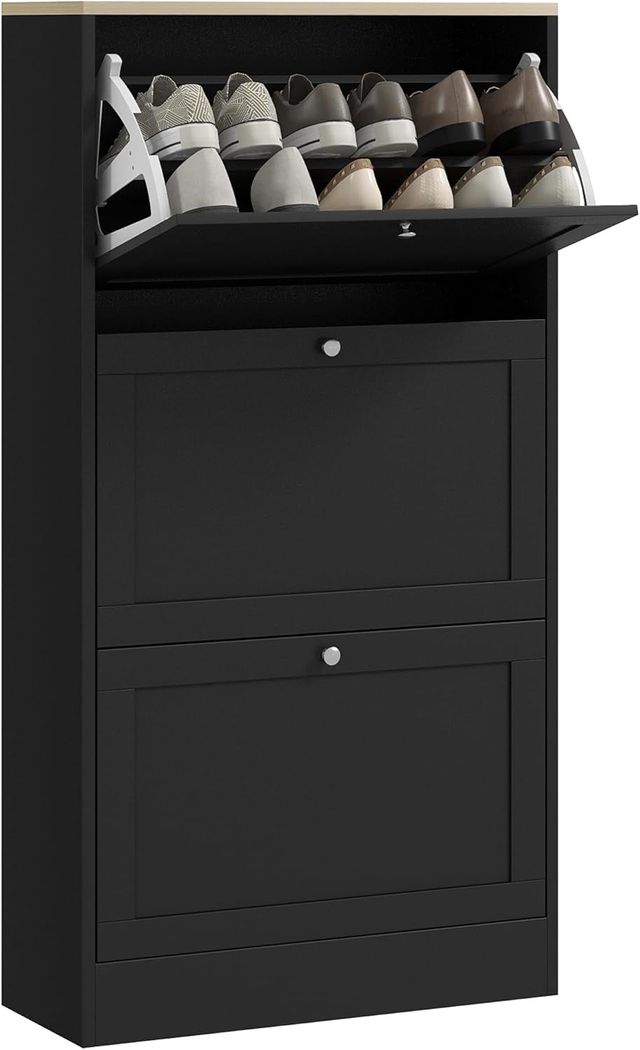 Zapatero Ahorrador Slim Con 3 Puertas Abatibles, Zapatero Moderno de Madera Con Estantes Regulables en 2 Niveles, Porta Zapatos para 12-18 Pares Con Asa, 60X23.5X115 Cm, Negro