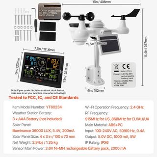 Stazione meteorologica Wi-Fi 7 in 1, schermo a colori da 19,1 cm (7,5 pollici), stazione meteorologica per interni ed esterni, con sensore solare wireless esterno, allarmi, ecc.