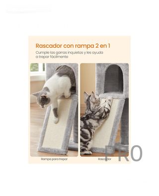 Albero per Gatti con Rampa, Torre Gatti con Sisal e 3 Pompon, 42 x 32 x 118 cm, Grotta e Gabbia, Pali Rivestiti, per Gattini, Grigio Chiaro, Clawfy PCT143W01V1
