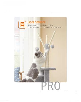 Albero per Gatti con Rampa, Torre Gatti con Sisal e 3 Pompon, 42 x 32 x 118 cm, Grotta e Gabbia, Pali Rivestiti, per Gattini, Grigio Chiaro, Clawfy PCT143W01V1