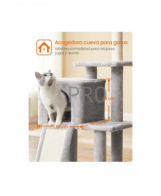 Albero per Gatti con Rampa, Torre Gatti con Sisal e 3 Pompon, 42 x 32 x 118 cm, Grotta e Gabbia, Pali Rivestiti, per Gattini, Grigio Chiaro, Clawfy PCT143W01V1