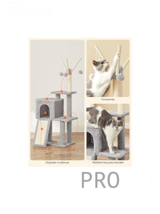 Albero per Gatti con Rampa, Torre Gatti con Sisal e 3 Pompon, 42 x 32 x 118 cm, Grotta e Gabbia, Pali Rivestiti, per Gattini, Grigio Chiaro, Clawfy PCT143W01V1