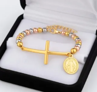 Pulsera Acero Inoxidable Cruz Virgen María Chapado