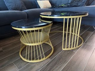 Juego mesas centro redondas imitación marmol y oro