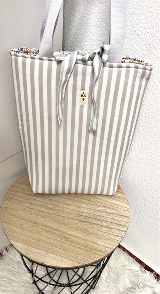 Bolso Tote Rayas Gris y Flores