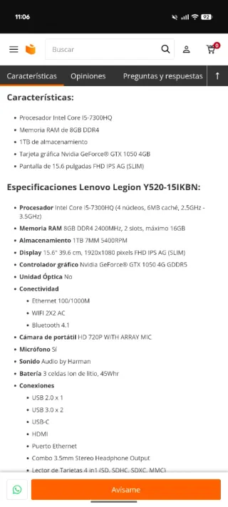 Portátil Lenovo Legion Y520 Negro/Rojo