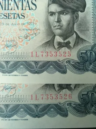 500 Pesetas Pareja Consecutiva. Año 1971.