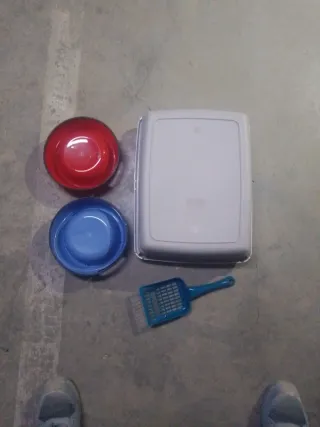 Caja arena para gatos con pala y cuencos