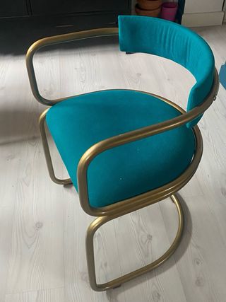 Seggiole Vintage in Metallo Dorato con Velour Turchese
