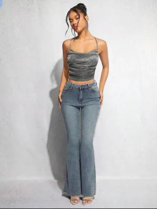 Draped collar crisscross backless glitter cami top