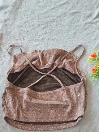 Draped collar crisscross backless glitter cami top