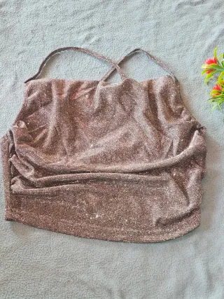 Draped collar crisscross backless glitter cami top